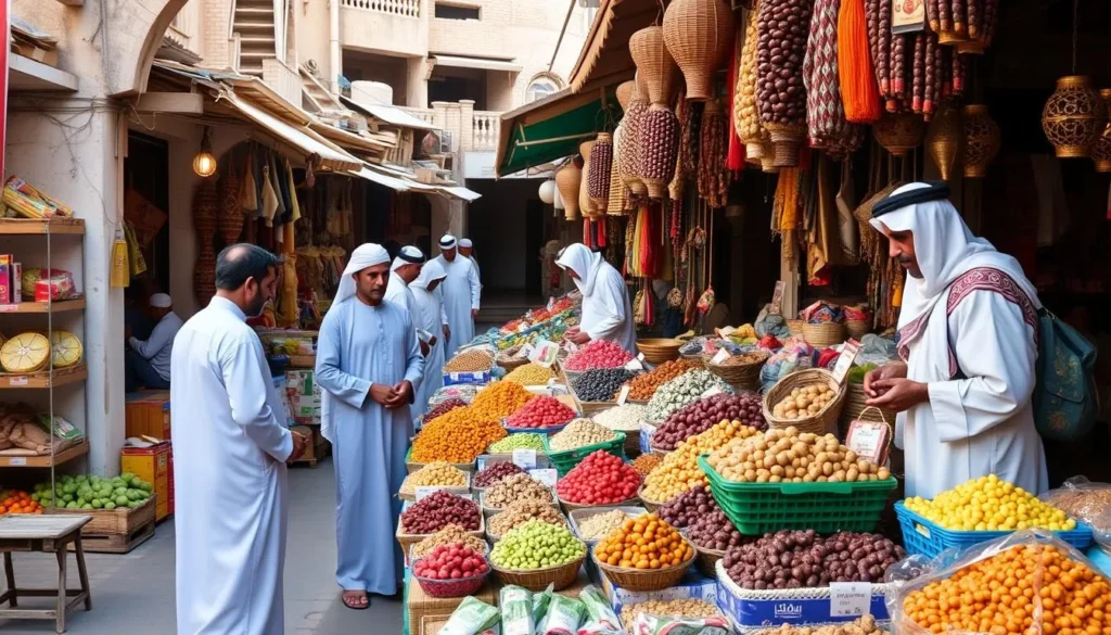 Local vendors selling fresh produce and handicrafts at the traditional Al Awabi souq