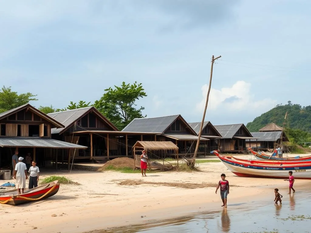 Local village on Rajuni Island with multiple homestay options and daily life scenes