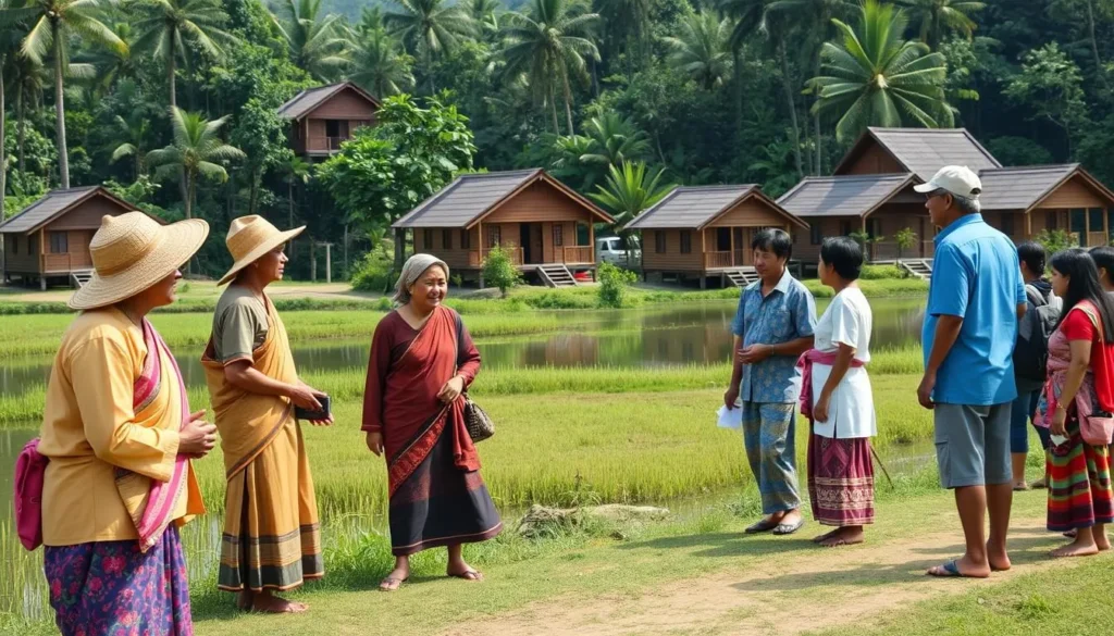 Local villagers in traditional clothing interacting with visitors near Lake Matano