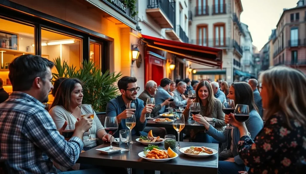 Locals enjoying evening tapas at an outdoor terrace in Madrid's La Latina neighborhood