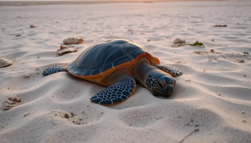 Loggerhead turtle nesting on a beach in Masirah Island at sunset