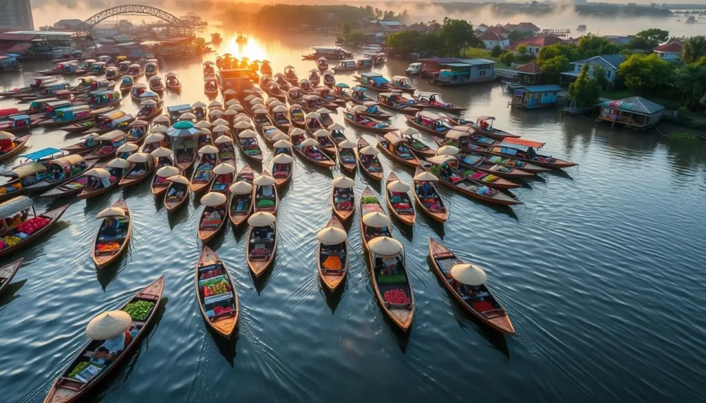 Lok Baintan Floating Market with colorful boats and vendors selling produce in early morning light