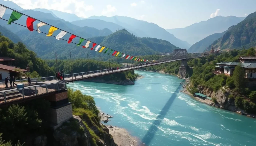 Long suspension bridge over the Mo Chhu River decorated with prayer flags and surrounded by mountains