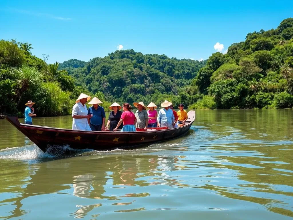 Long-tail boat journey on the SeBang Hieng River with passengers enjoying the scenery