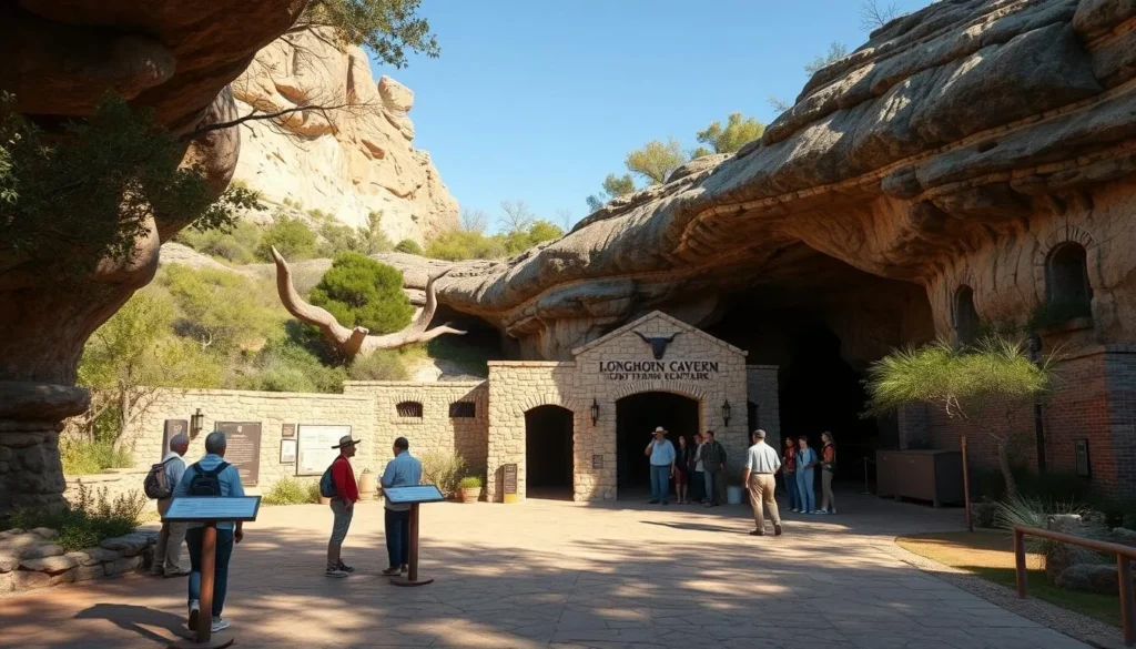 Longhorn Cavern State Park entrance with visitors preparing for cave tours near Inks Lake State Park, Texas