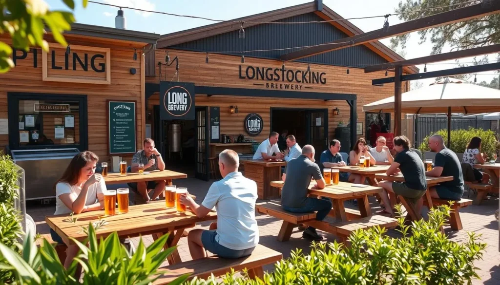 Longstocking Brewery in Merimbula with outdoor seating area and craft beers
