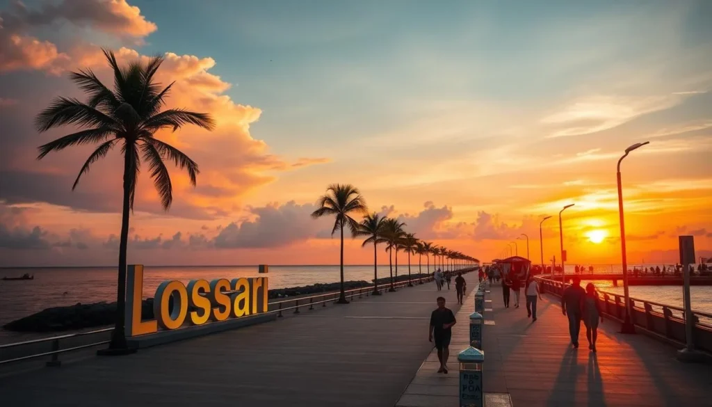 Losari Beach promenade at sunset with the iconic Makassar sign and people strolling