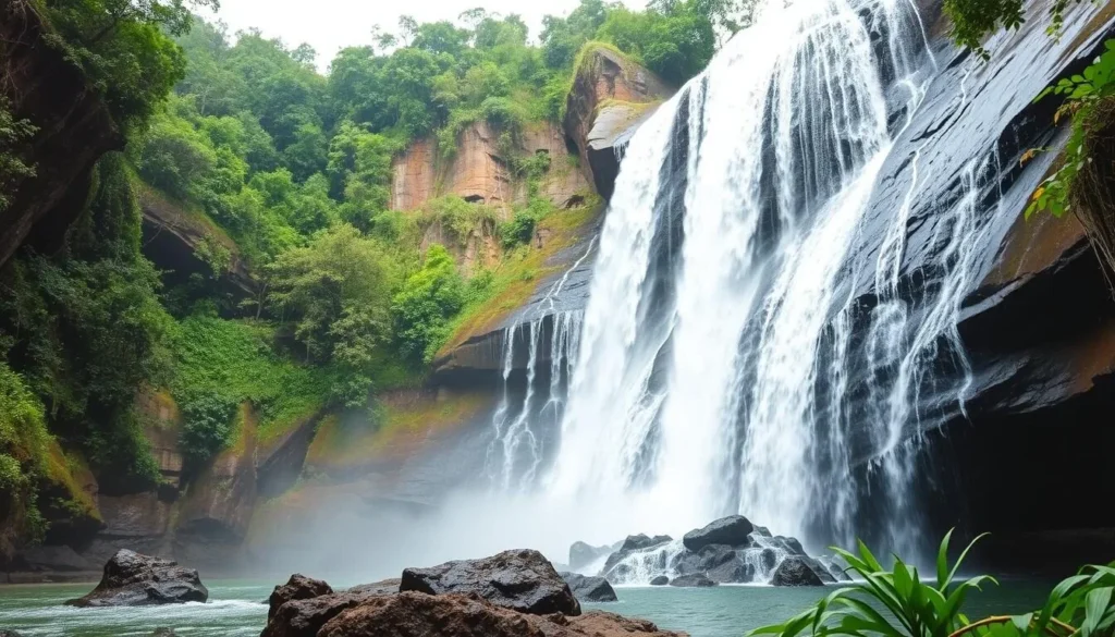 Lover's Leap Waterfall near Pidurutalagala with water cascading down the rocky cliff