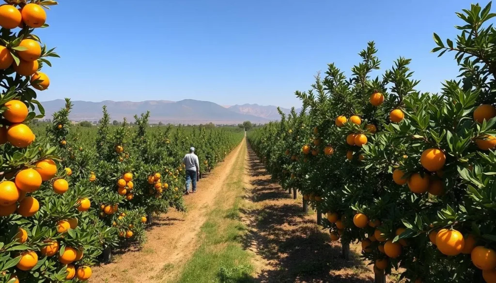 Lush citrus orchards in the agricultural areas surrounding Sidi Slimane