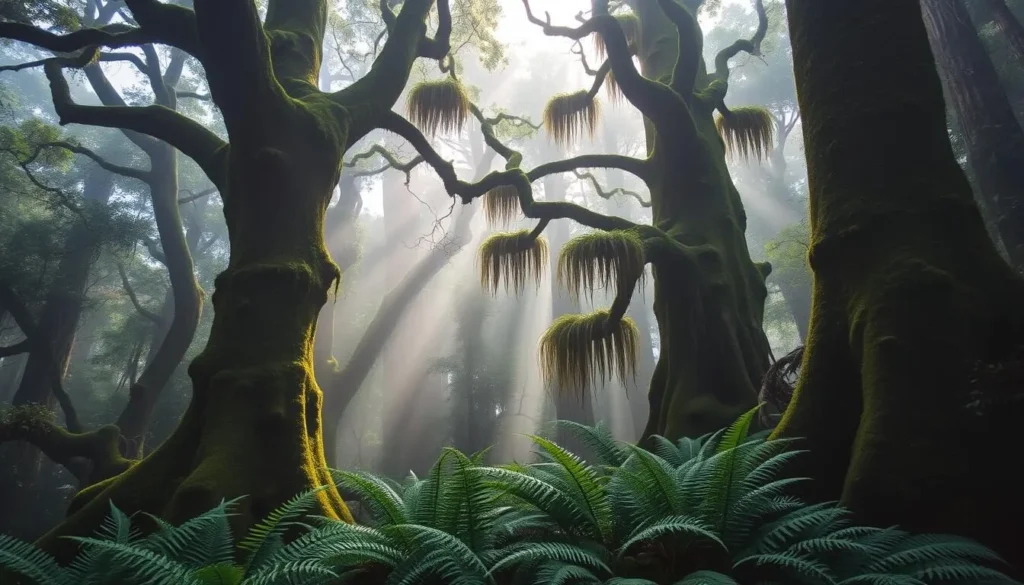 Lush cloud forest vegetation in Pico Pijol National Park with mist rolling through the trees