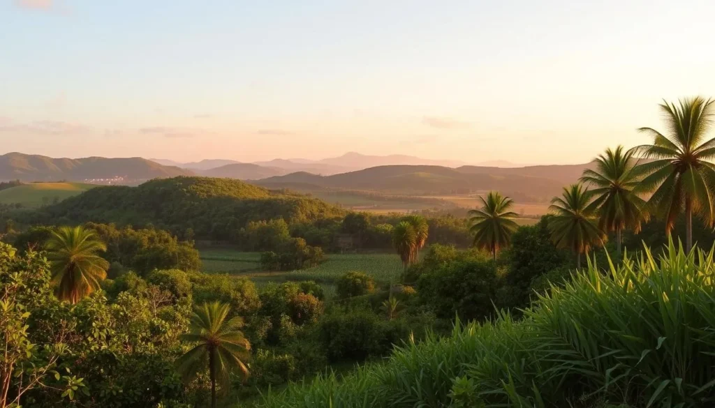 Lush countryside landscape near Jovellanos with palm trees, rolling hills, and sugar cane fields