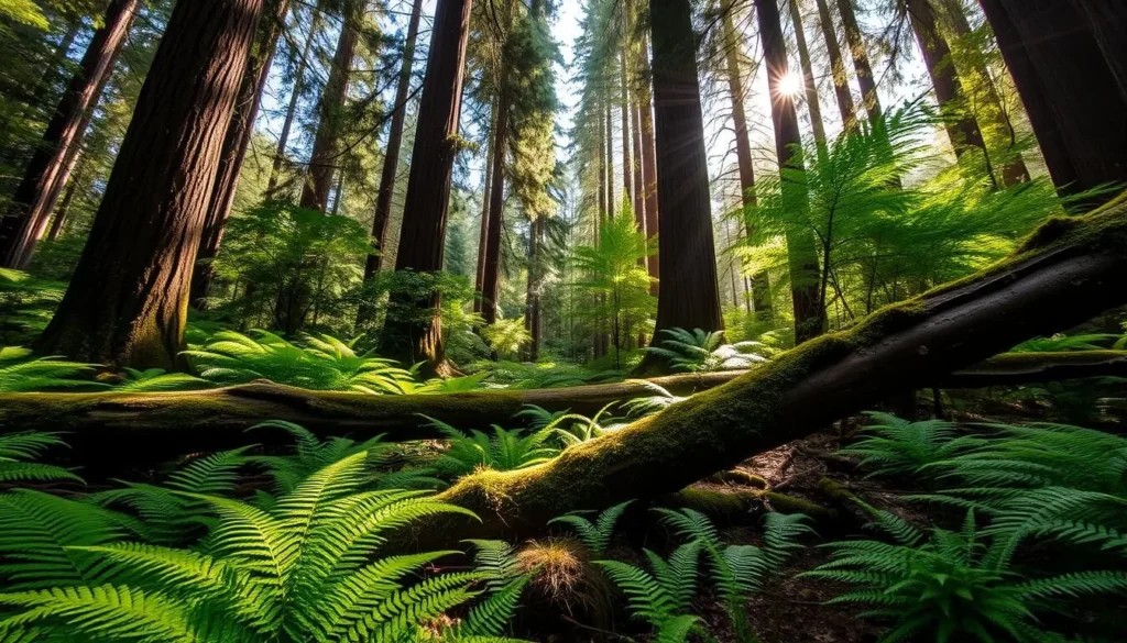 Lush fern understory in Armstrong Redwoods with sunlight filtering through redwood trees