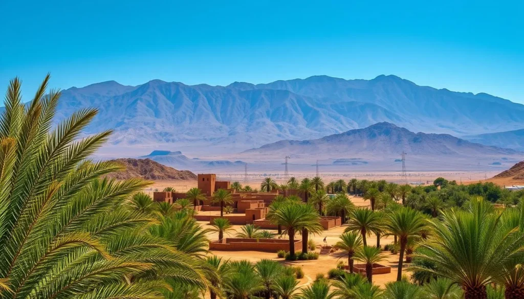 Lush green date palms in Ziz Valley with traditional mud houses in Errachidia Morocco