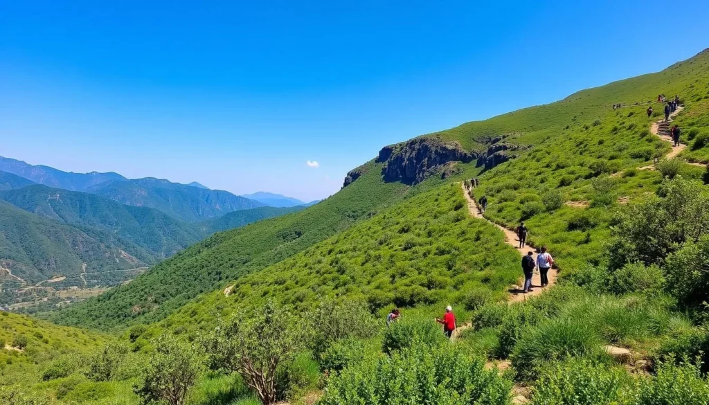 Lush green landscape of Asir National Park with hiking trails and diverse vegetation