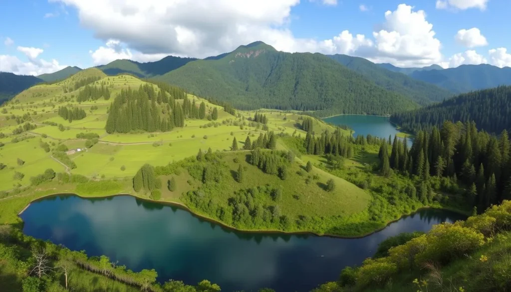 Lush green meadows and pine forests surrounding Lake Ranu Kumbolo in East Java