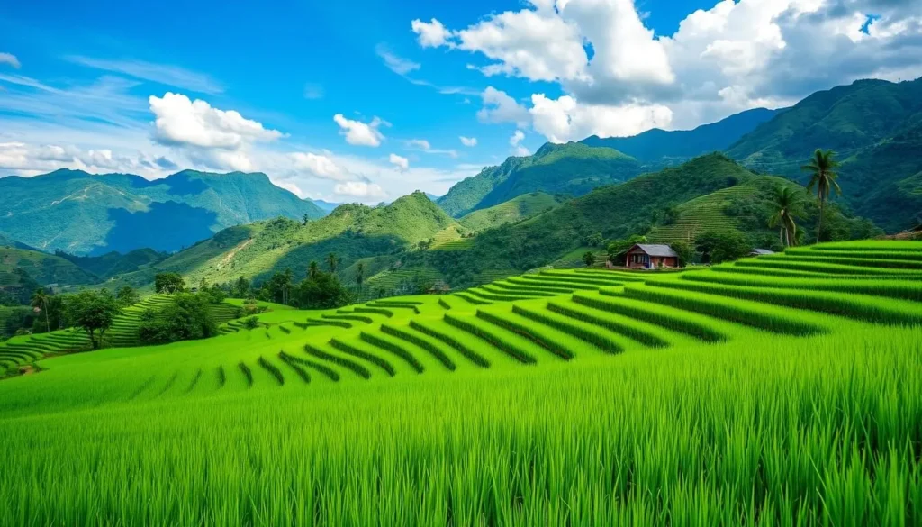 Lush green rice fields near Xam Neua, Laos during the post-rainy season with mountains in the background