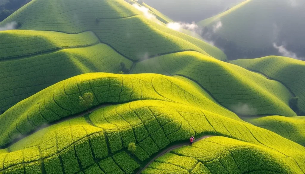 Lush green tea plantations in Puncak with workers harvesting tea leaves - scenic attraction near Bogor, Indonesia