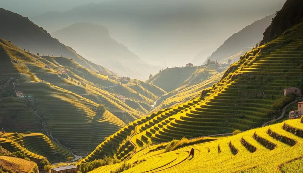 Lush green terraced fields in the countryside around Taiz with traditional farming methods