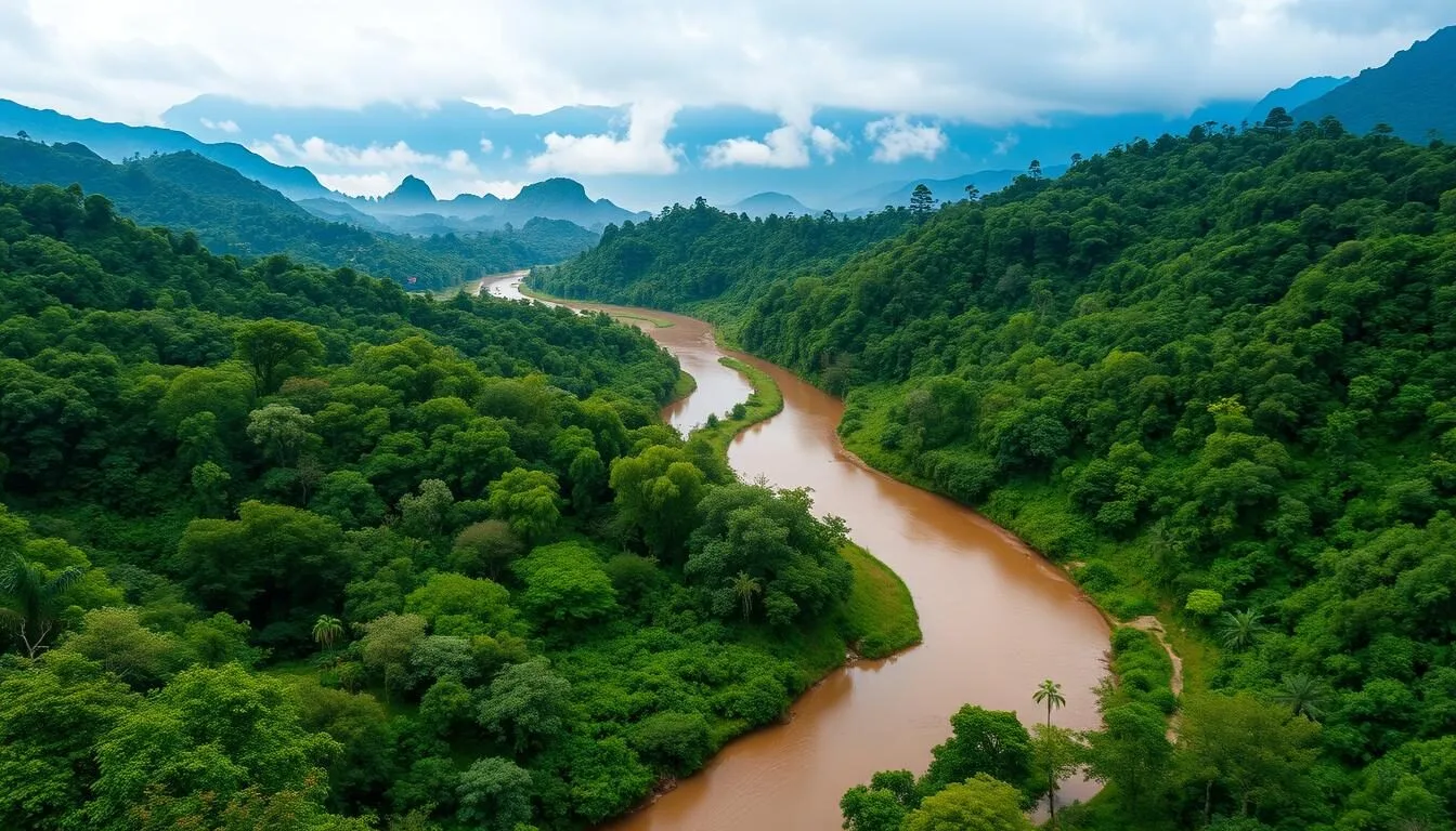 Lush-jungle-landscape-of-Dong-Phou-Vieng-National-Protected-Area-with-misty-mountains-in-the Lush jungle landscape of Dong Phou Vieng National Protected Area with misty mountains in the background