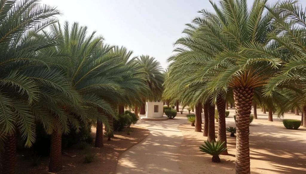 Lush palm trees and traditional falaj irrigation system in Al Ain Oasis
