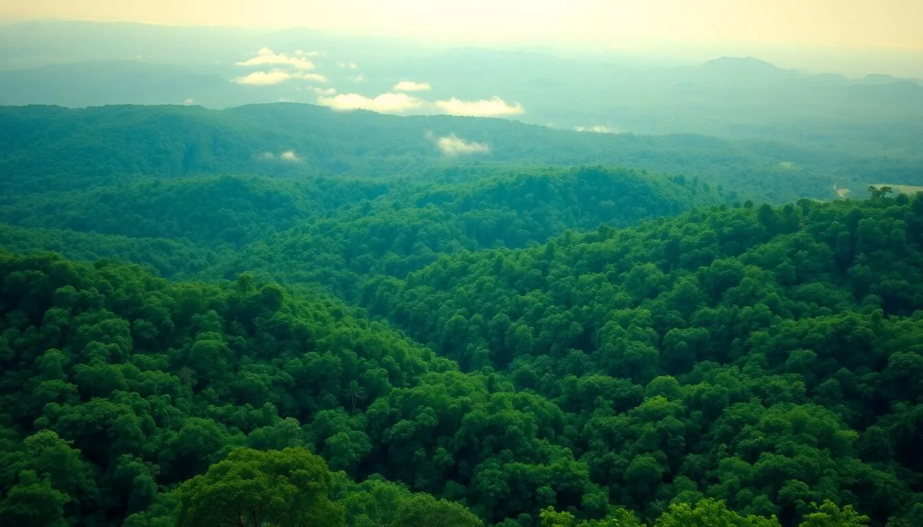 Lush rainforest canopy in Bukit Tigapuluh National Park with morning mist rising from the trees