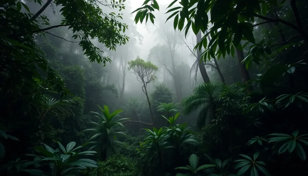 Lush rainforest in Ujung Kulon during wet season with misty atmosphere