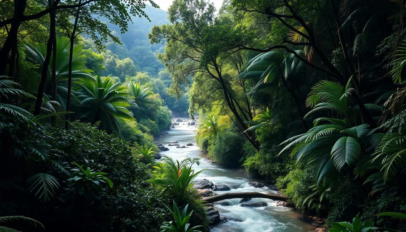 Lush rainforest landscape of Batang Gadis National Park with the Batang Gadis River flowing through dense tropical vegetation