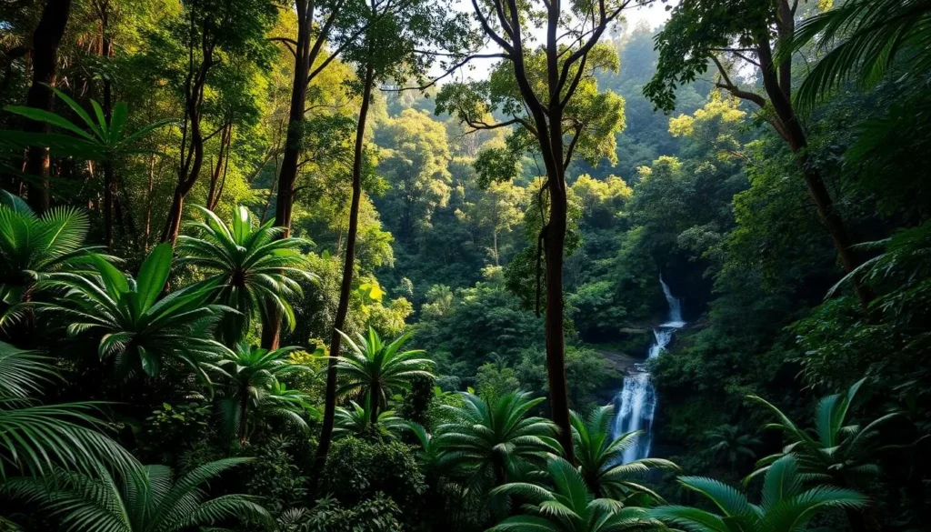 Lush rainforest section of Andohahela National Park with dense vegetation and small waterfall Lush rainforest section of Andohahela National Park with dense vegetation and small waterfall