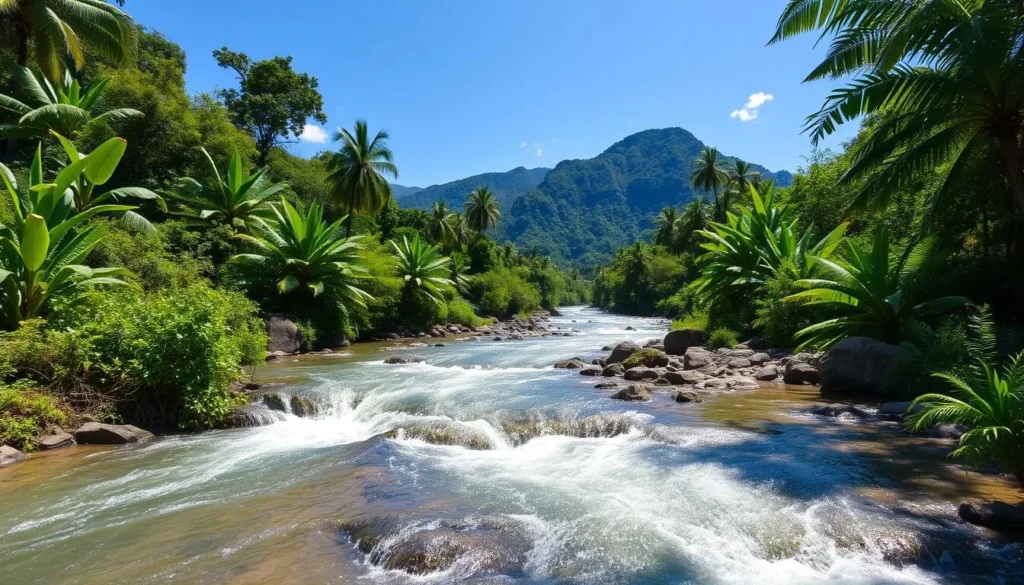 Lush tropical landscape near La Lima Honduras showing rivers and mountains