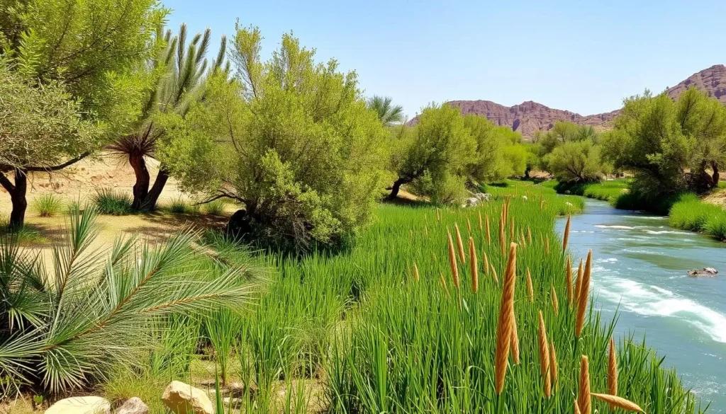 Lush vegetation along the Jordan River at Al-Maghtas showing the oasis-like environment