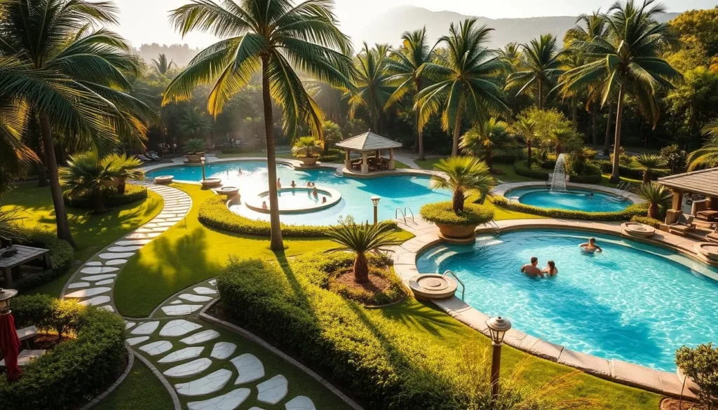 Lush, verdant landscapes surround a series of inviting wellness pools, their crystal-clear waters glistening in the warm, golden sunlight. Graceful stone paths wind through the tranquil setting, leading visitors towards the rejuvenating thermal experiences. Towering palm trees sway gently in the soft breeze, creating a serene, almost tropical atmosphere. The pools themselves are adorned with natural stone features, their edges blending seamlessly into the meticulously manicured gardens. Bathers relax in the soothing waters, soaking in the therapeutic minerals and allowing their stresses to melt away. A sense of calm and rejuvenation permeates the scene, inviting guests to slow down and immerse themselves in the wellness experience.