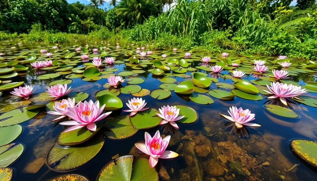 Lush wetlands of Rawa Aopa during wet season with water lilies in bloom
