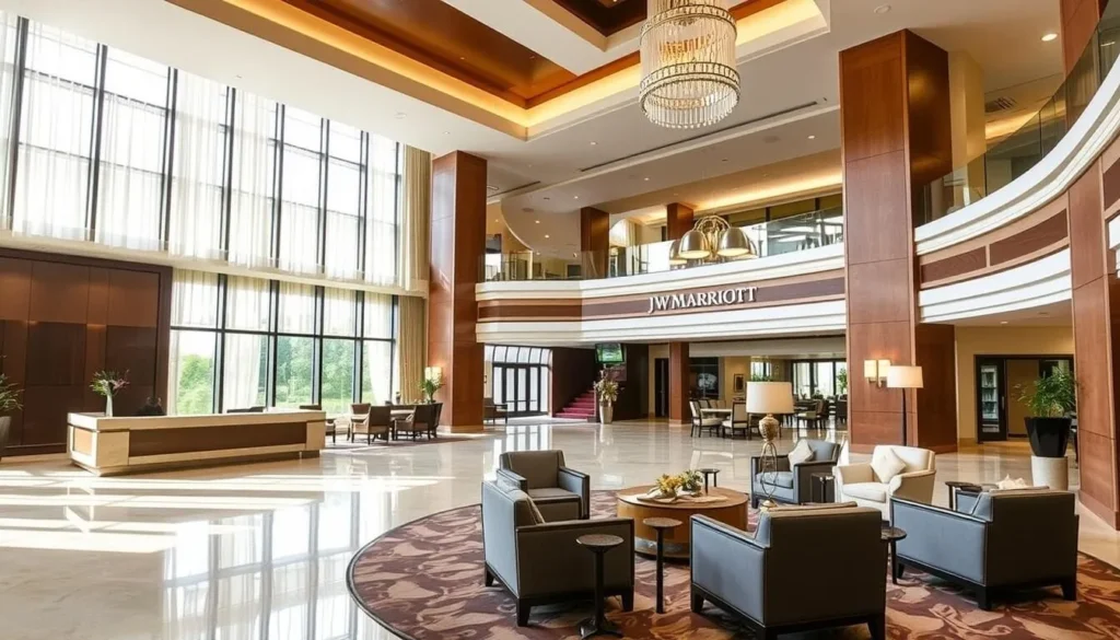 Luxurious hotel lobby in JW Marriott Medan with elegant furnishings and traditional Indonesian design elements Luxurious hotel lobby in JW Marriott Medan with elegant furnishings and traditional Indonesian design elements