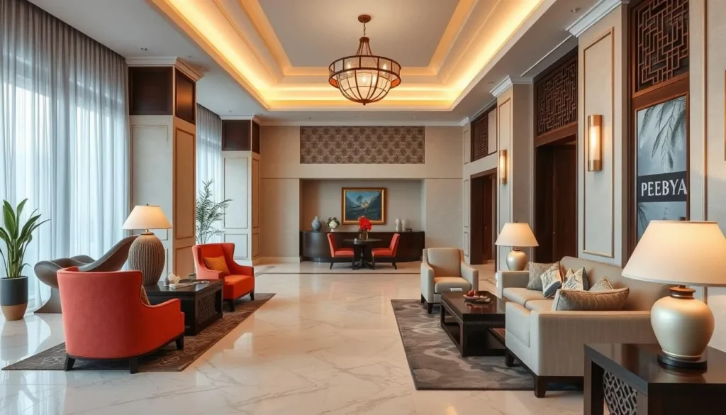Luxurious hotel lobby in Surabaya with elegant Indonesian design elements and comfortable seating areas