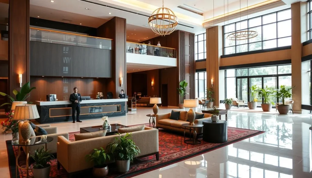 Luxurious hotel lobby in Surabaya with modern Indonesian design elements, showcasing accommodation options for visitors exploring the best things to do in Surabaya Indonesia