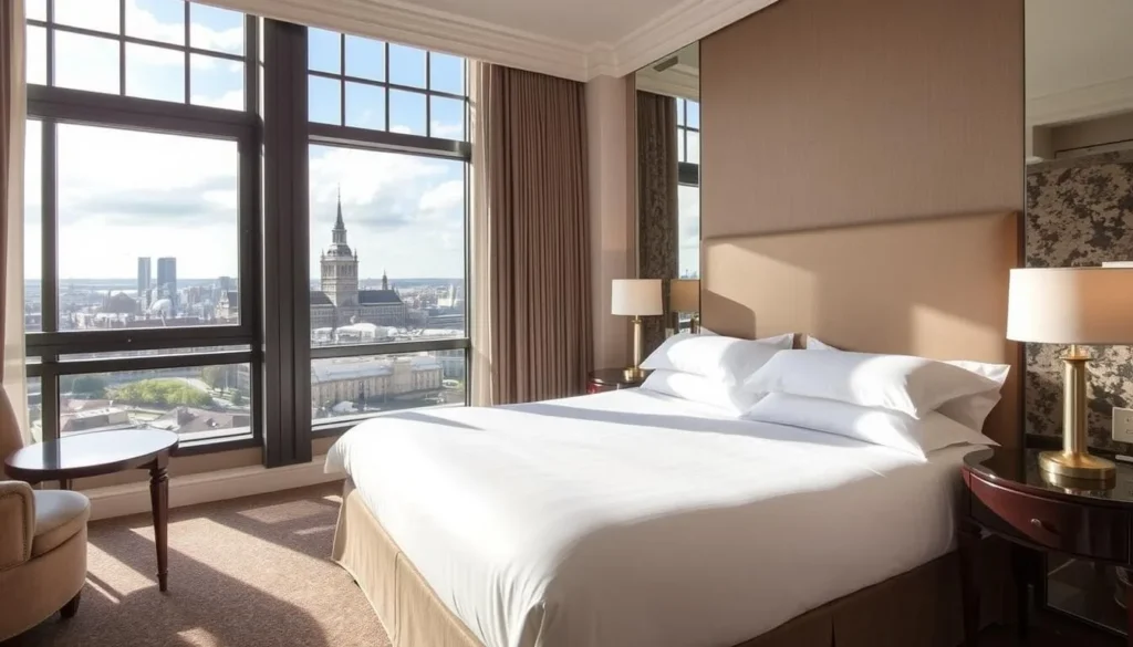 Luxurious hotel room in Aberdeen with view of the city skyline