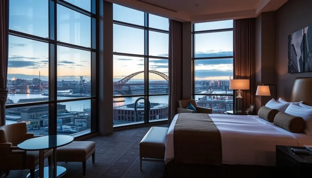 Luxurious hotel room with view of Newcastle Quayside and Tyne Bridge