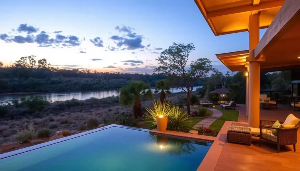 Luxury accommodation overlooking Katherine River with outdoor pool and native gardens