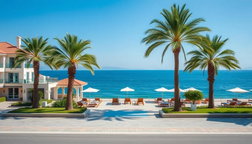 Luxury beachfront hotel in Latakia with Mediterranean Sea views and palm trees