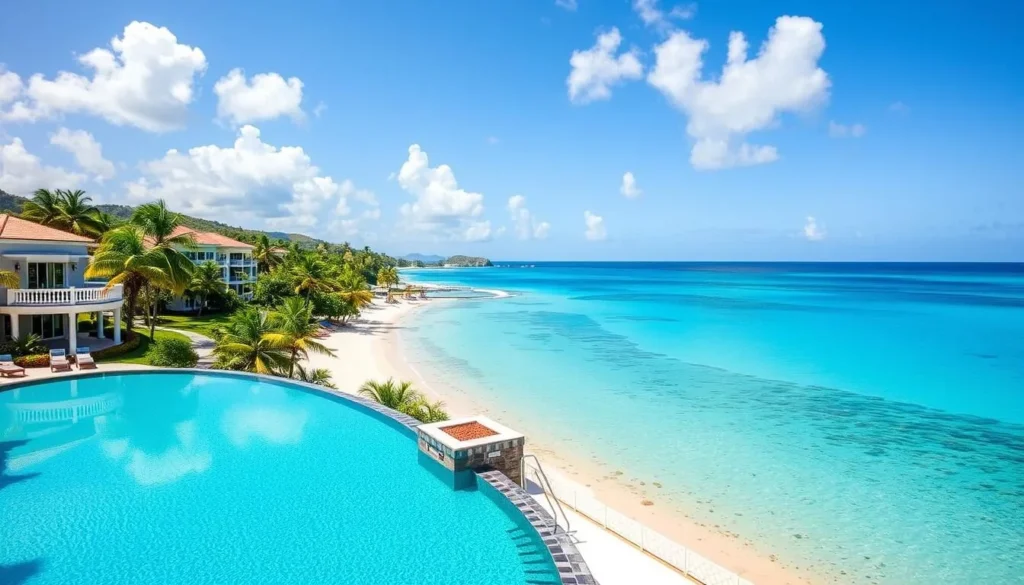 Luxury beachfront resort in Antigua with infinity pool overlooking the Caribbean Sea