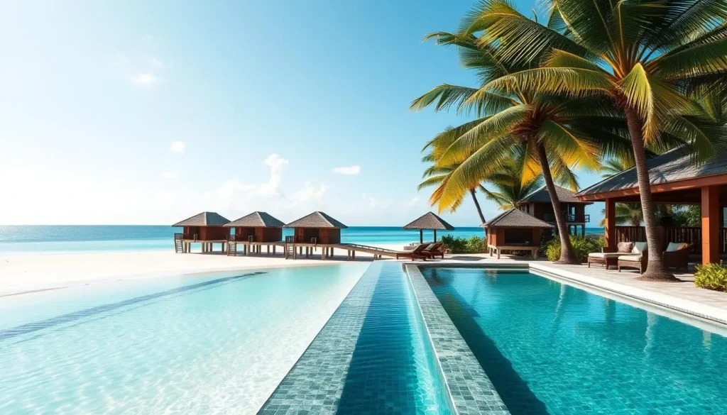 Luxury beachfront resort in Antigua with overwater bungalows and palm trees