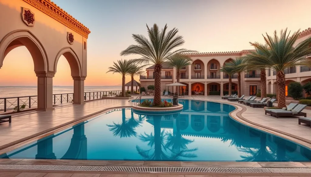 Luxury beachfront resort in Barka with traditional Omani architectural elements