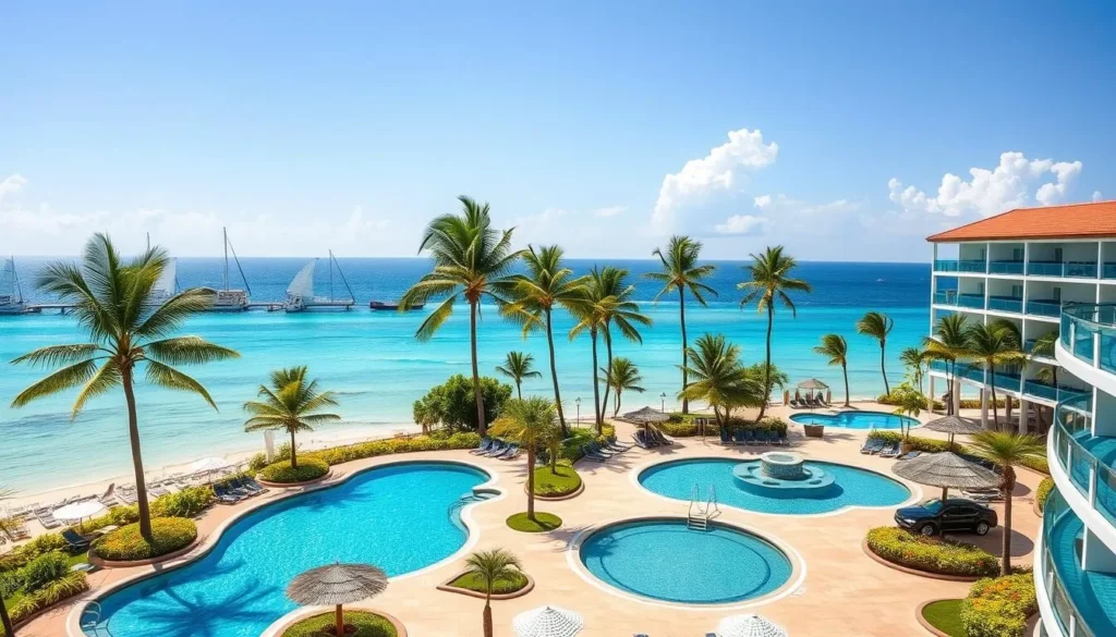 Luxury beachfront resort in Cayo Coco with swimming pool and palm trees