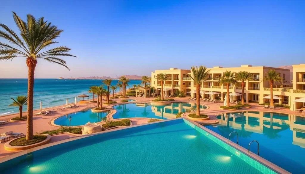 Luxury beachfront resort in Dibba with swimming pools and palm trees overlooking the Gulf of Oman