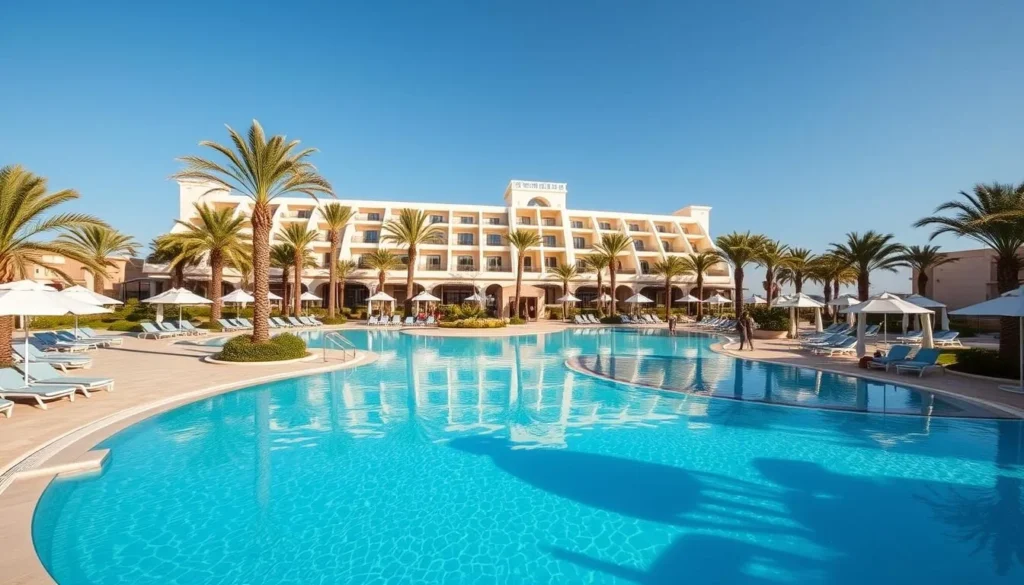 Luxury beachfront resort in Monastir with swimming pools and palm trees