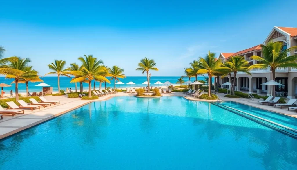 Luxury beachfront resort in Noord, Aruba with palm trees and swimming pool