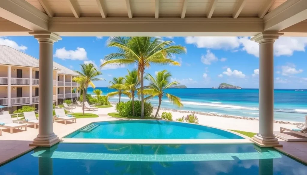 Luxury beachfront resort in Sandy Ground, Anguilla with view toward Sandy Island