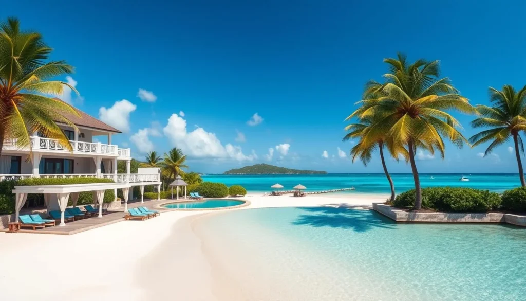 Luxury beachfront resort in the British Virgin Islands with palm trees and clear waters Luxury beachfront resort in the British Virgin Islands with palm trees and clear waters