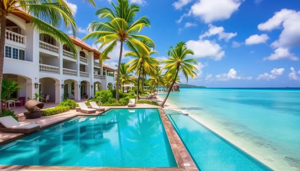 Luxury beachfront resort near Valley Church Beach with infinity pool overlooking the ocean