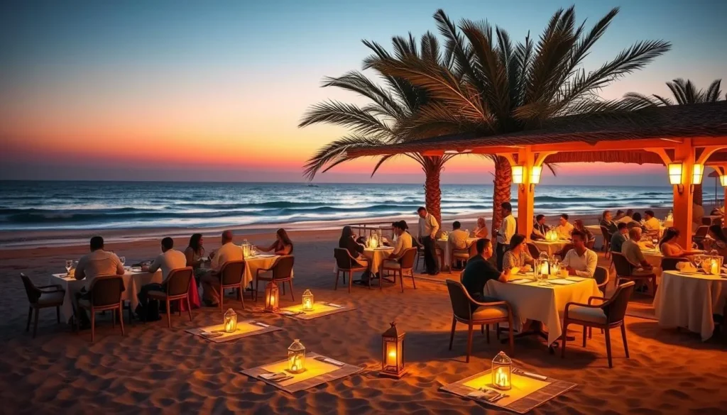 Luxury beachfront restaurant at sunset on the Red Sea Coast